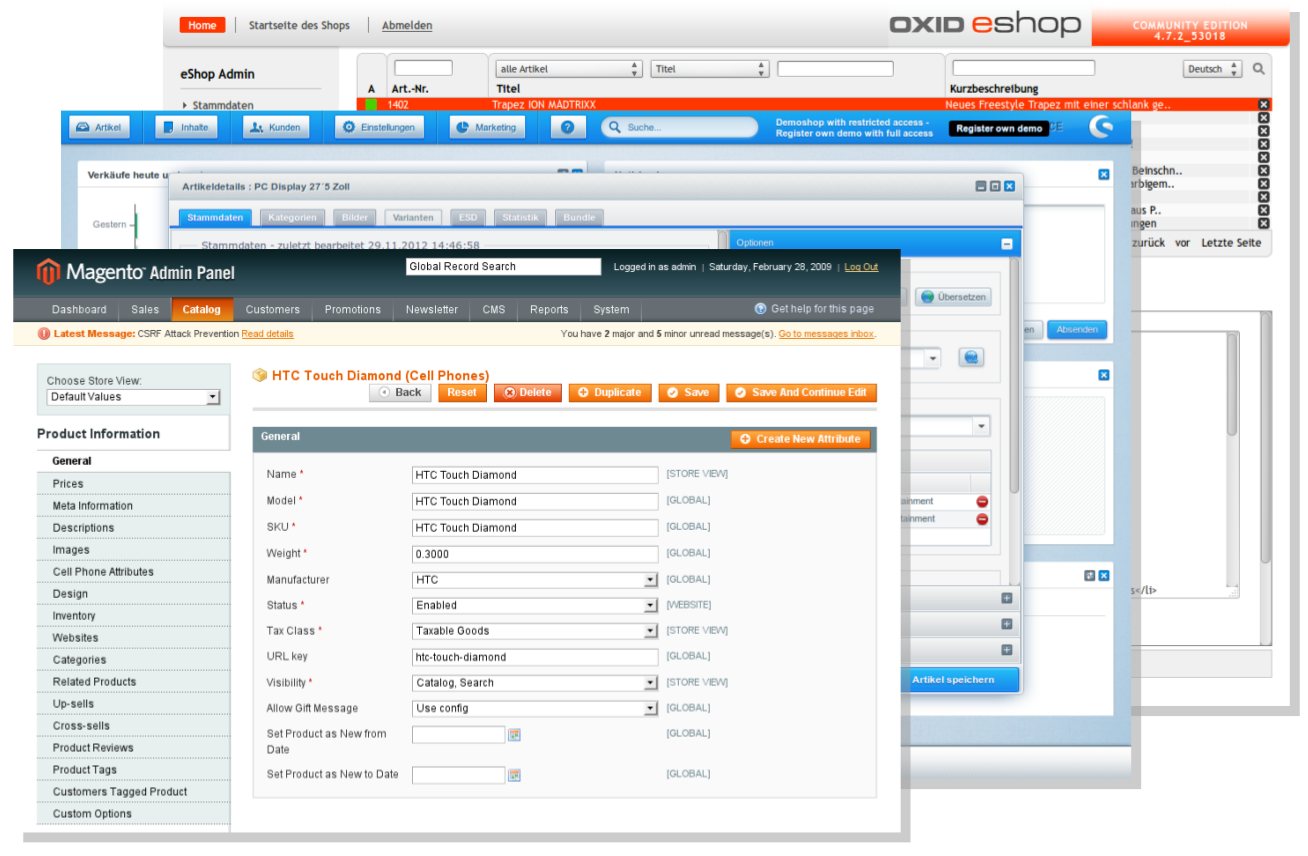 Die Backends f&uuml;hrender Shopsysteme: Magento, Shopware, Oxyd.