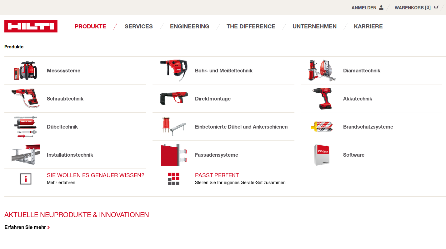 Beispiel f&uuml;r eCommerce mit Spryker: die Hilti Webseite